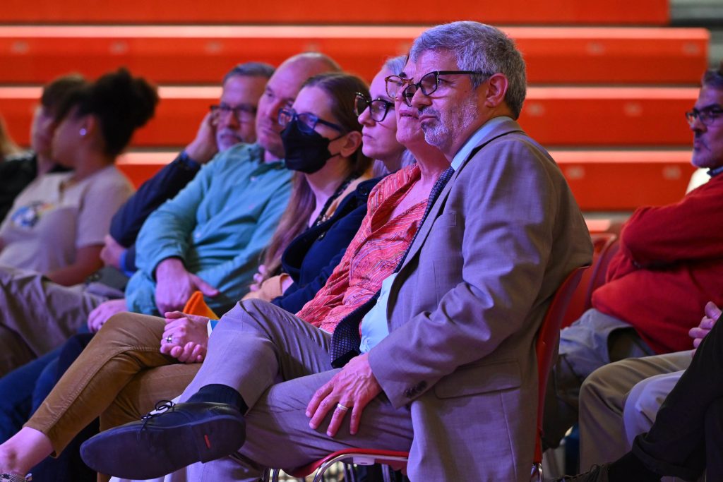 SUNY Oneonta President Alberto Cardelle (center) and colleagues listen to 2024 Mills Distinguished Lecturer Cristina Henríquez. (Photo by Gerry Raymonda)