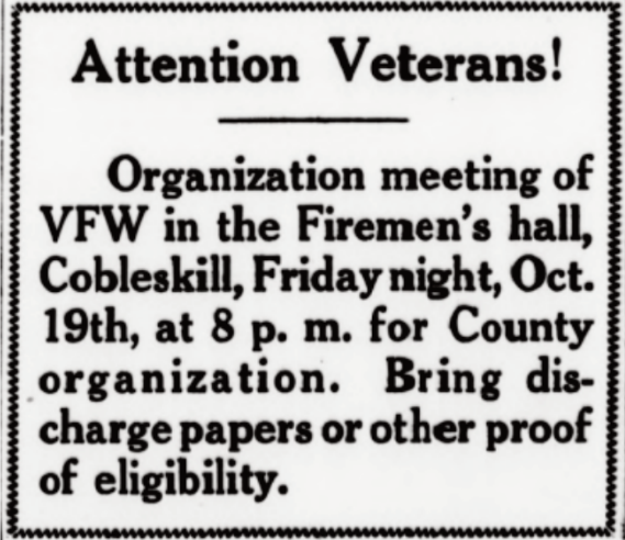 Post asking veterans to bring their charge papers and documents to the Firemen's hall.