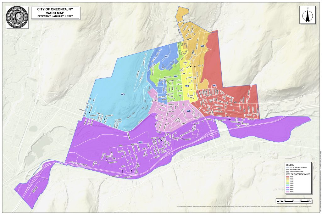 Map showing the updated ward boundaries that City of Oneonta residents will vote on with Proposition Three in the November 4 election.
