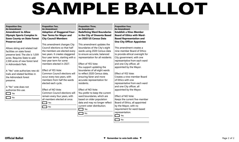 Sample Ballot page showing four proposed amendments with descriptions and Yes/No checkboxes for voting.