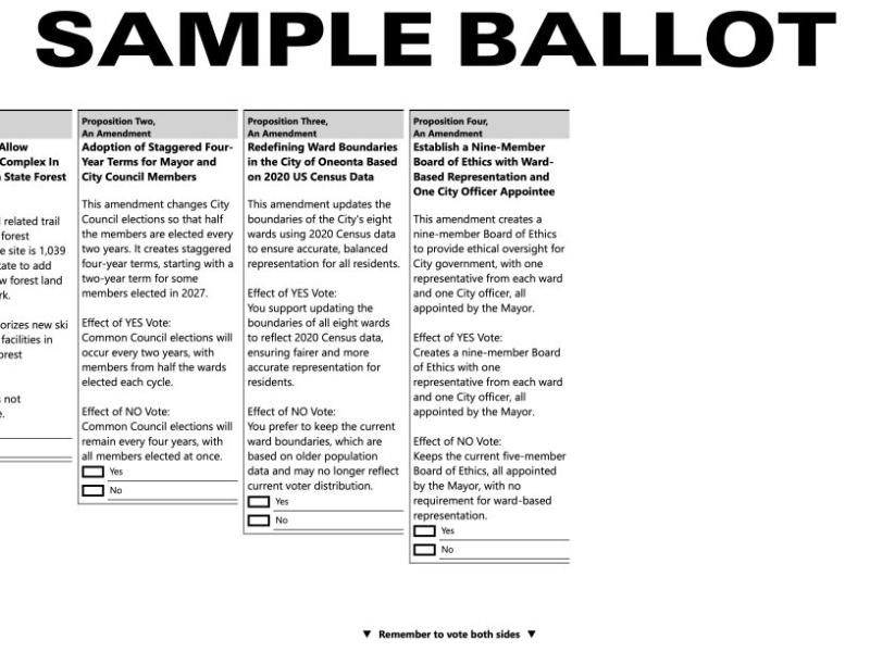 Sample Ballot page showing four proposed amendments with descriptions and Yes/No checkboxes for voting.