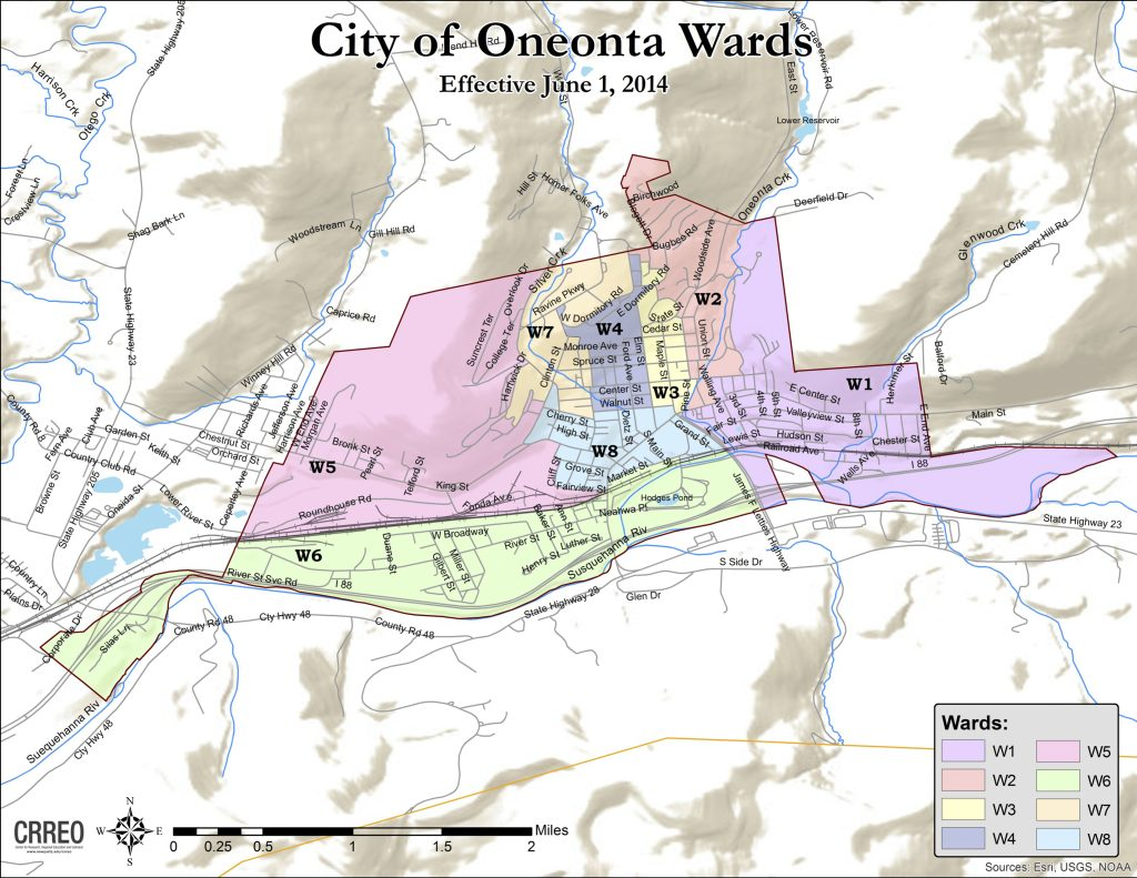 The current ward map for the City of Oneonta, which has been in effect since 2014.